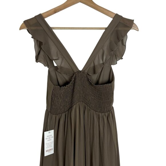 Show Me Your MuMu June Maxi Dress Size XS Dune Crisp Chiffon Brown Smocked Flowy - Picture 5 of 11